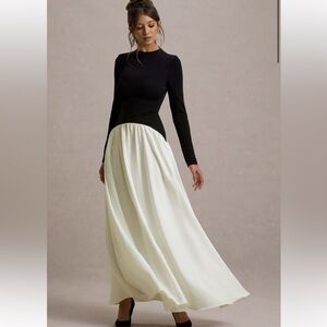 Club L London- BENEDETTA
Black & Cream Long-Sleeve Drop-Waist Maxi Dress